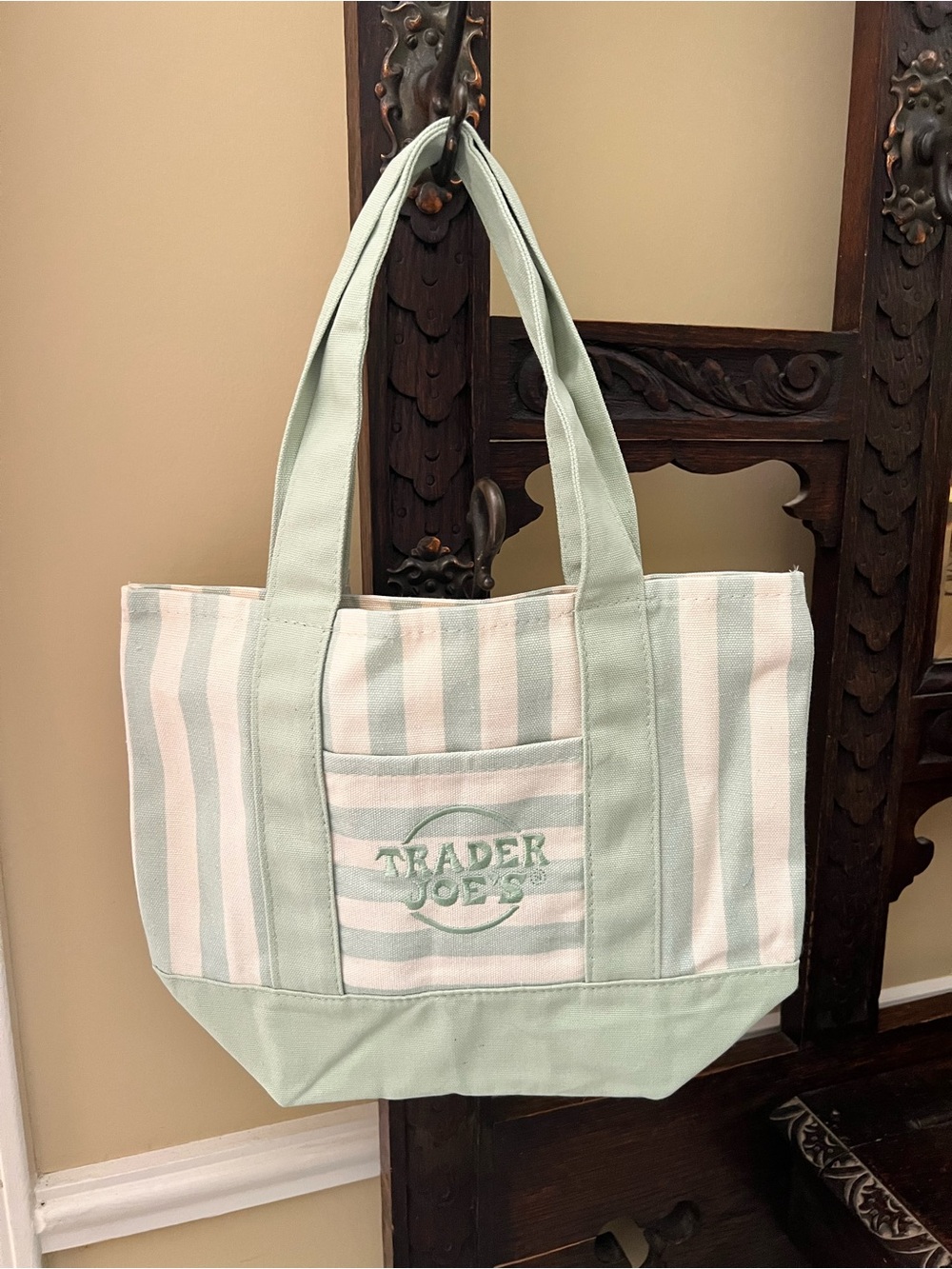Trader Joe's Seafoam Green  Striped Mini Canvas Tote Limited Edition 2026
